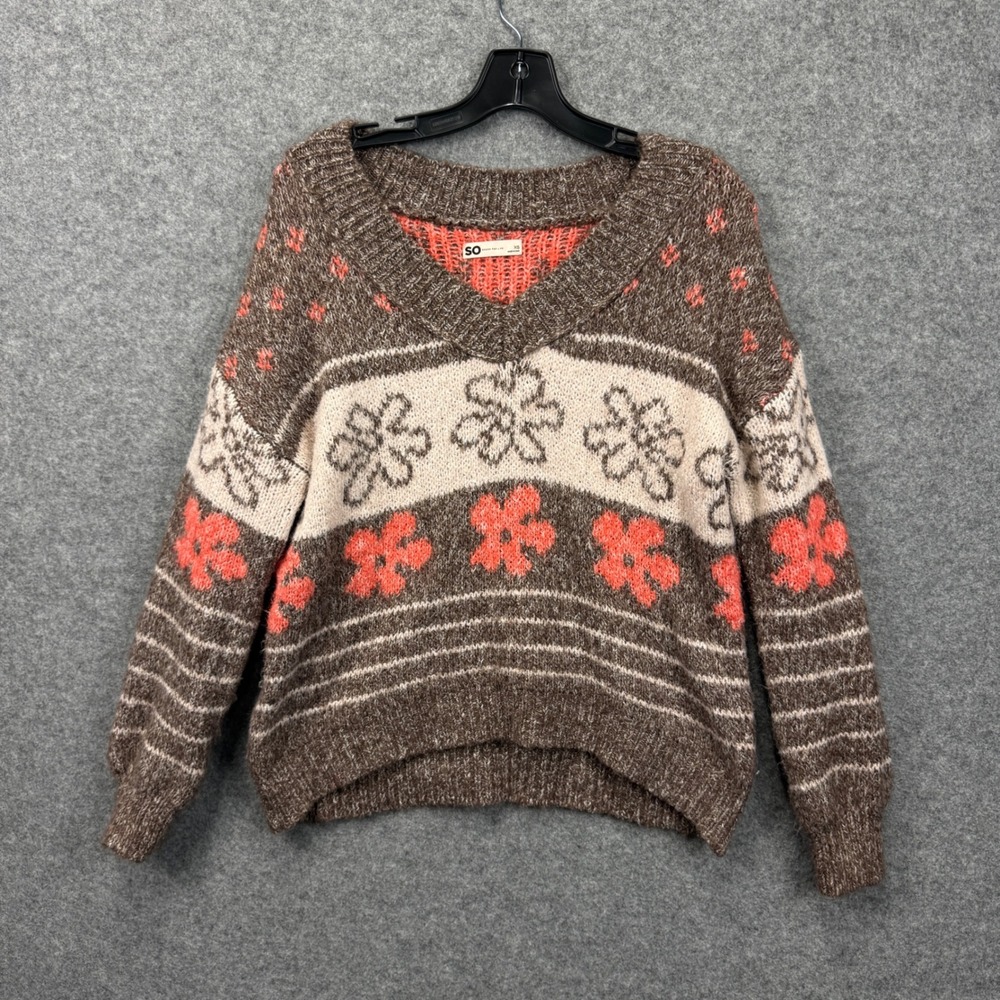 SO Goods For Life Womens XS V-Neck Floral Knit Sweater Brown Coral Boho Pullover